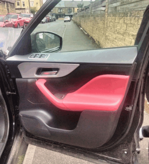 JAGUAR F PACE R SPORT 2018-2022 DRIVER SIDE FRONT LEATHER  DOOR CARD IN RED